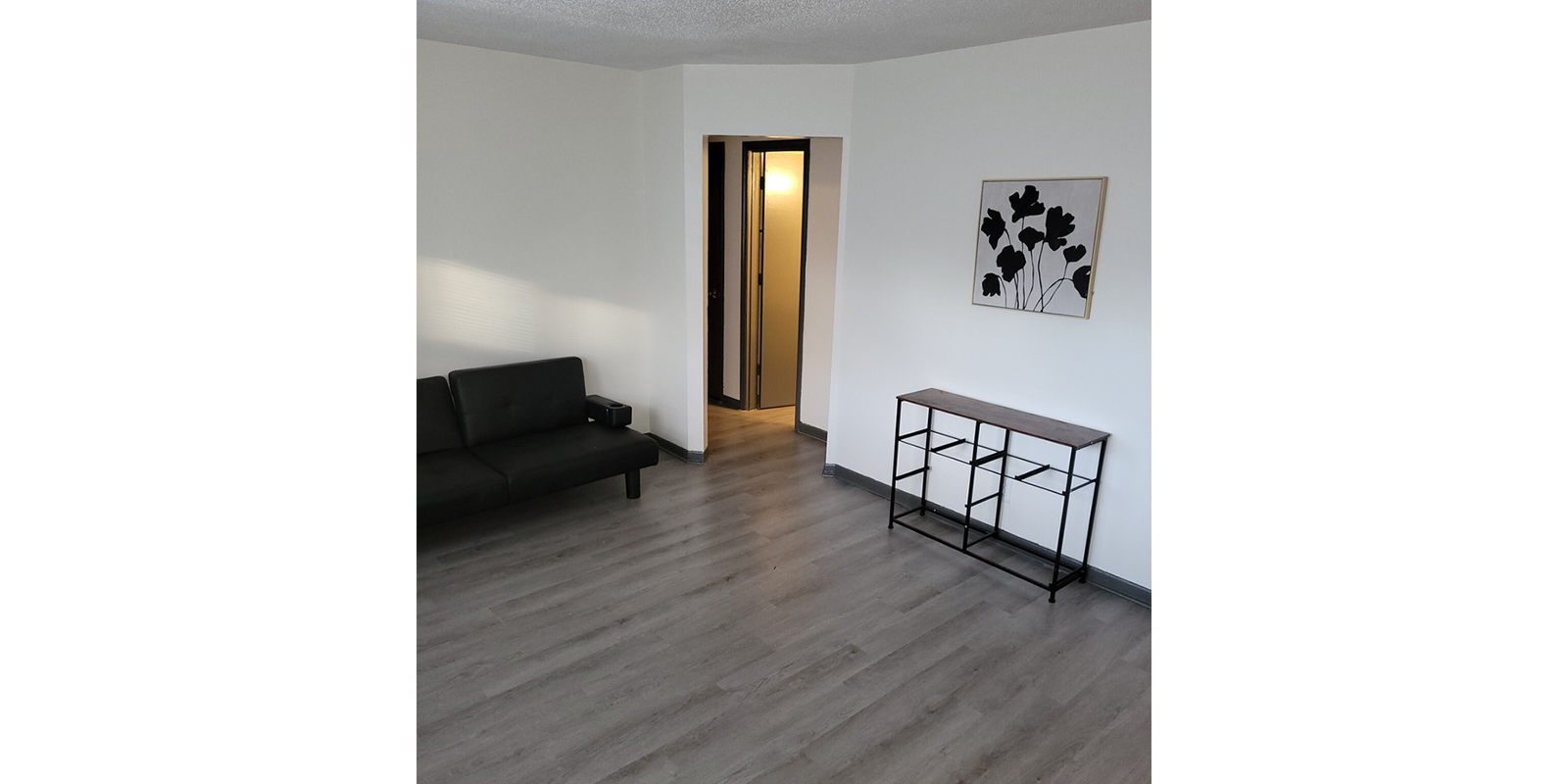 Minimalist room with light gray wooden floors, white walls, and a small black sofa. A black framed art piece with floral silhouettes hangs on the wall. A narrow black console table stands nearby. An open door leads to another room.