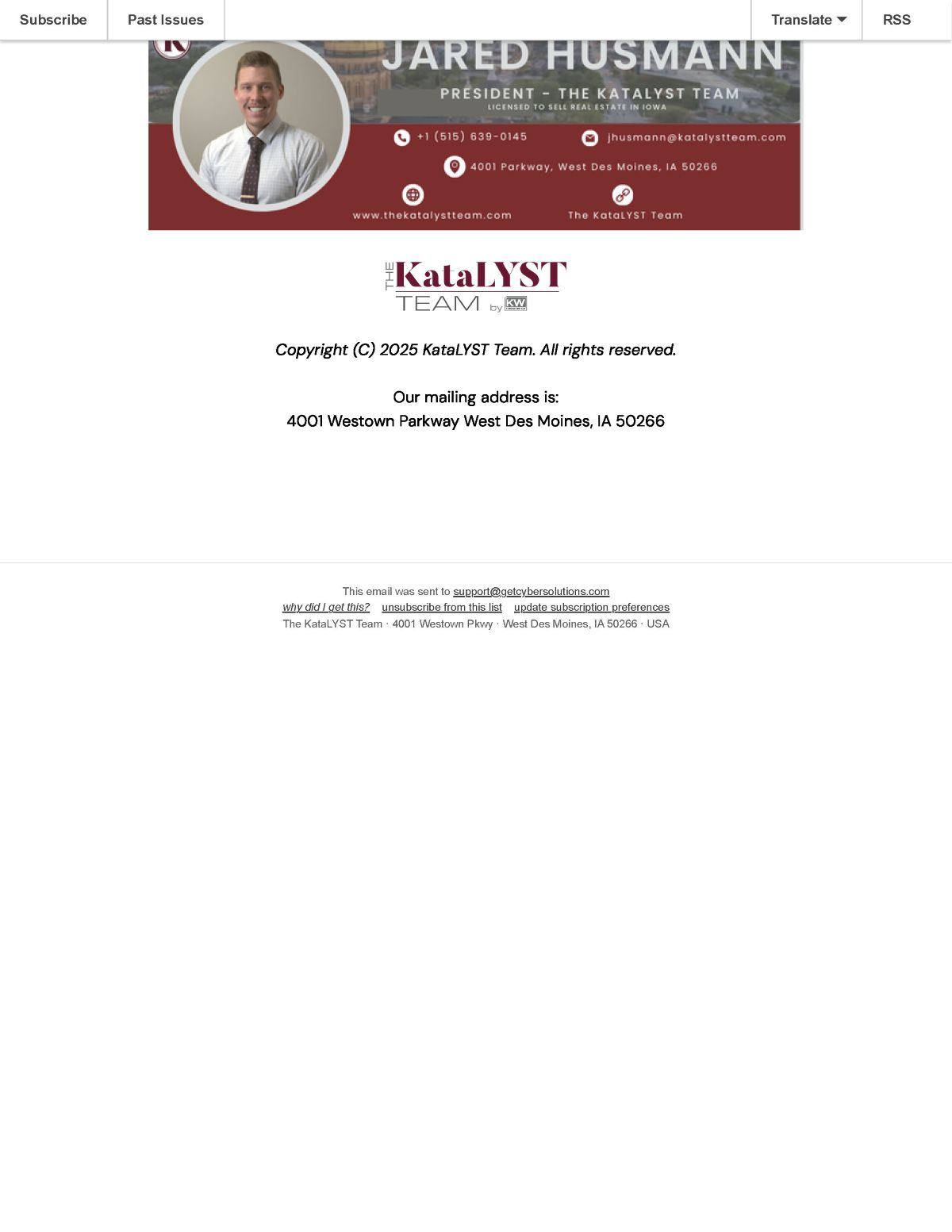 A professional email signature for Jared Husmann, President of The Katalyst Team, including his photo, contact information, company logo, and mailing address in West Des Moines, IA.