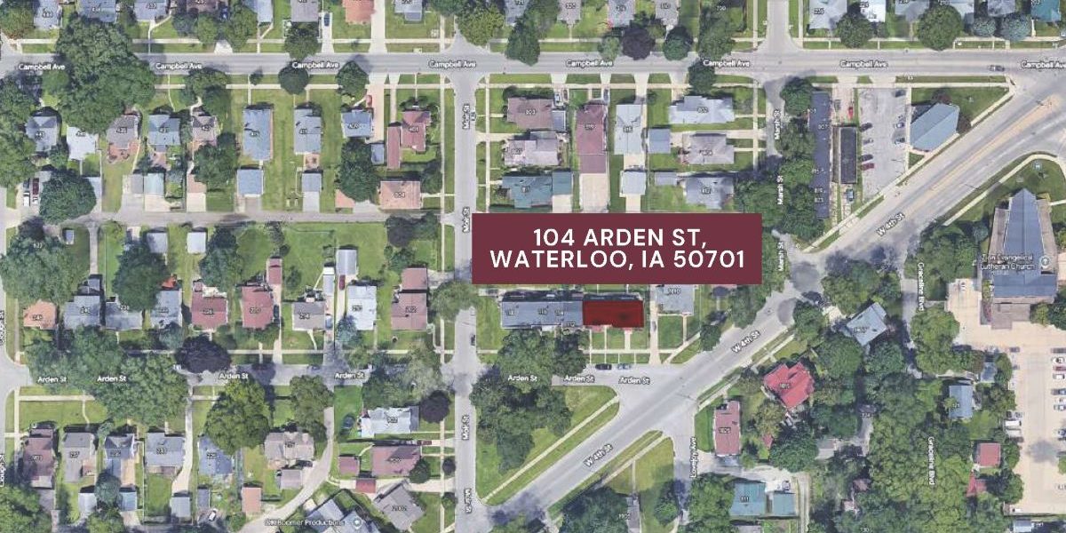 Aerial view of a residential neighborhood with a label pointing to "104 Arden St, Waterloo, IA 50701" on a specific property. Streets, houses, and trees are visible throughout the area.