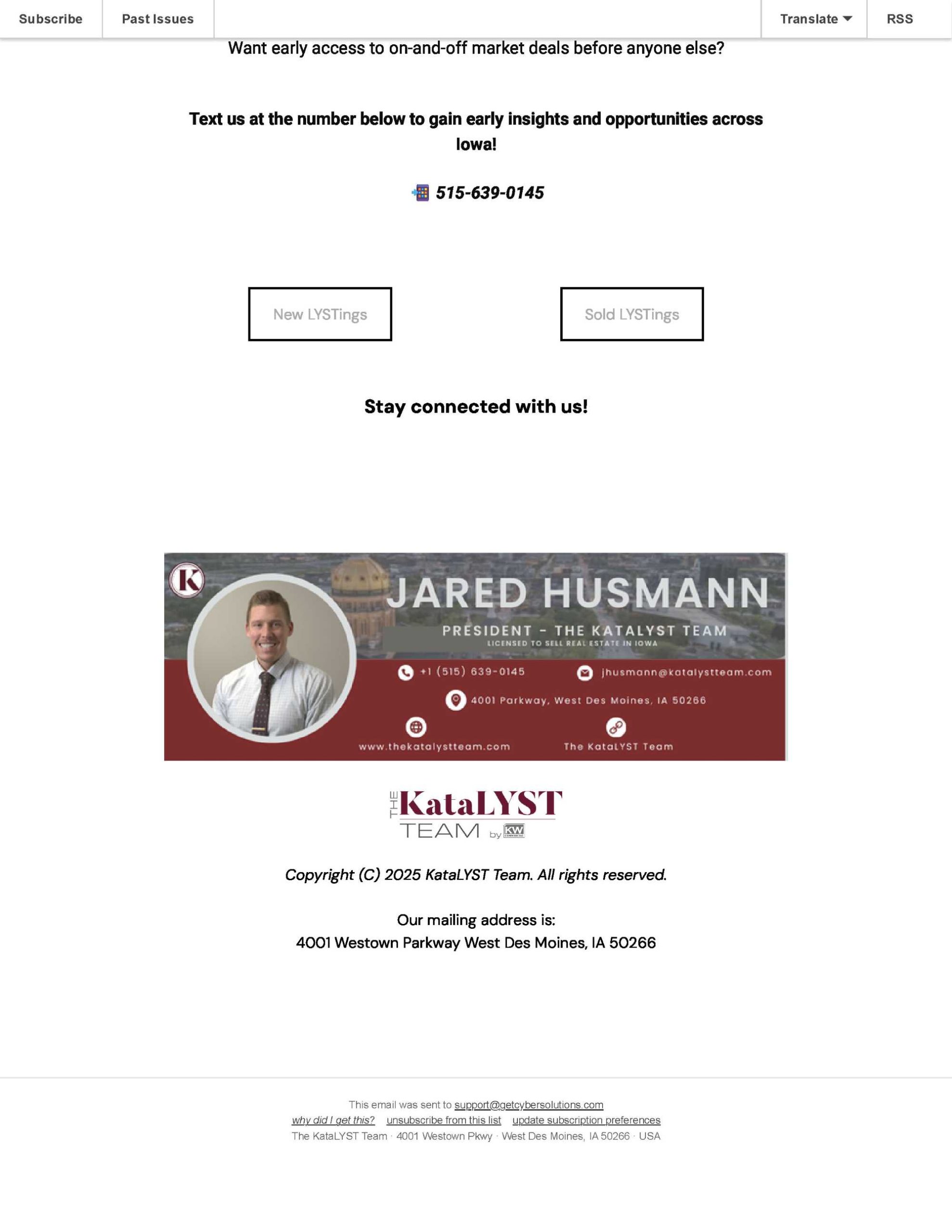 Contact information and headshot of Jared Husmann, President of The Katalyst Team, with phone number, email, office address, and social media icons, displayed on a real estate team's email signature.