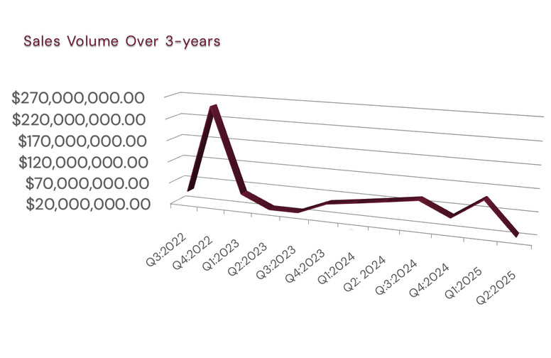 A line graph titled "Sales Volume Over 3-years" shows a sharp sales peak in Q1 2023, followed by a steep decline and fluctuating sales through Q2 2025, with sales volumes labeled on the vertical axis.