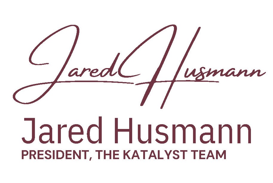 Logo featuring the name "Jared Husmann" in a large script font above "Jared Husmann, President, The Katalyst Team" in smaller, uppercase letters, all in a maroon color on a white background.