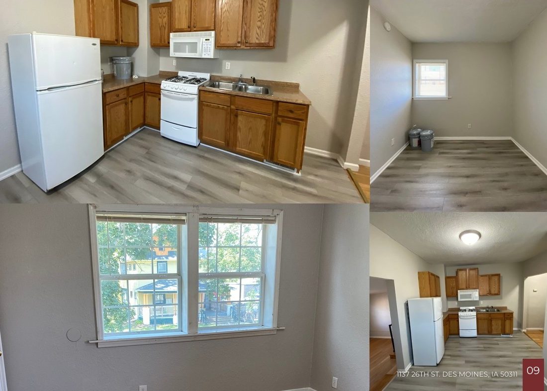 Collage of apartment photos: a kitchen with wood cabinets, white appliances, and grey flooring; an empty room with two windows and radiator; a close-up of double windows; and another angle of the kitchen. Location text is visible.