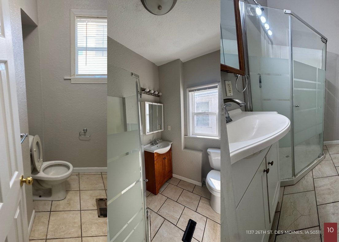 A collage of three bathroom photos: a toilet beneath a window, a sink with a mirror above and a wooden cabinet below, and a glass-enclosed corner shower with frosted panels.