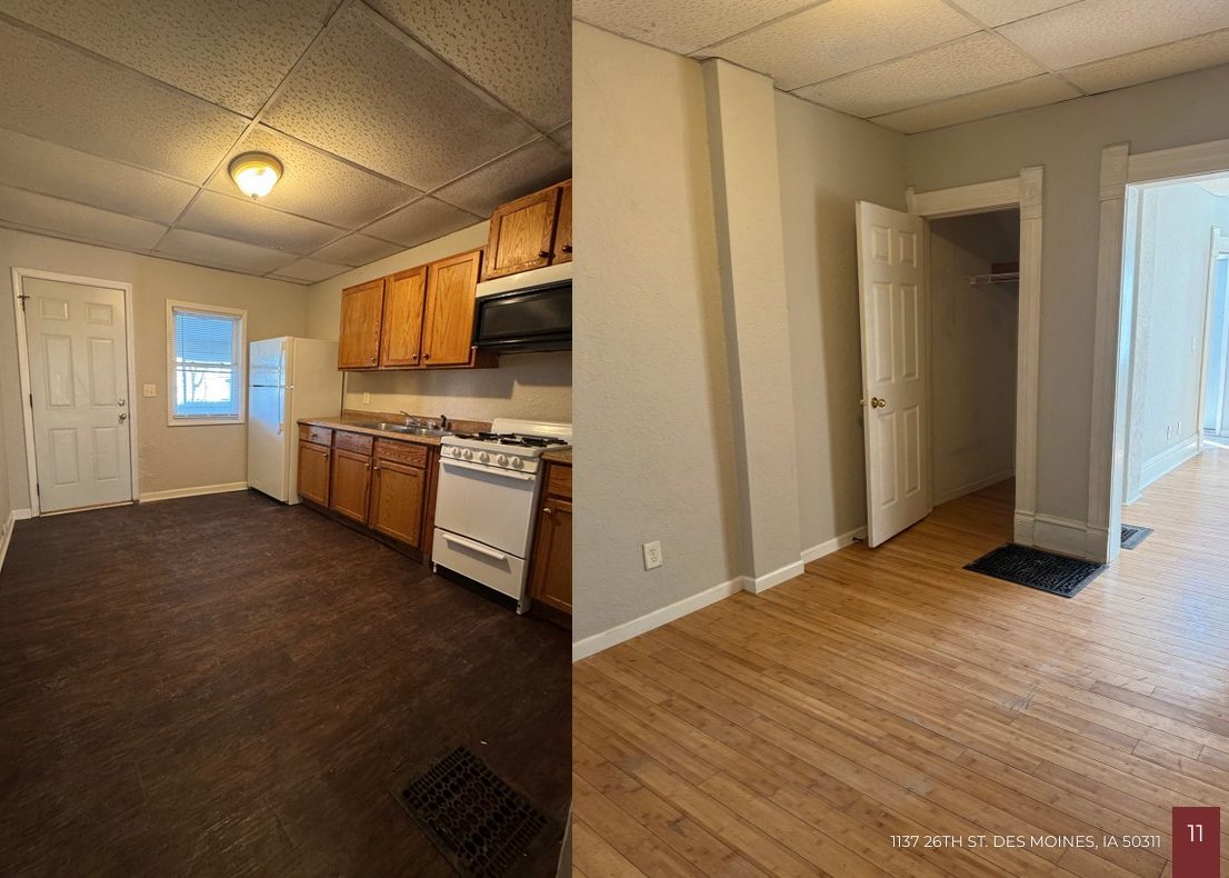 Side-by-side images of an apartment interior: left shows a kitchen with wood cabinets, stove, fridge, and a door; right shows a bright room with wood floors, an open closet, and two doors. Address is visible in the corner.