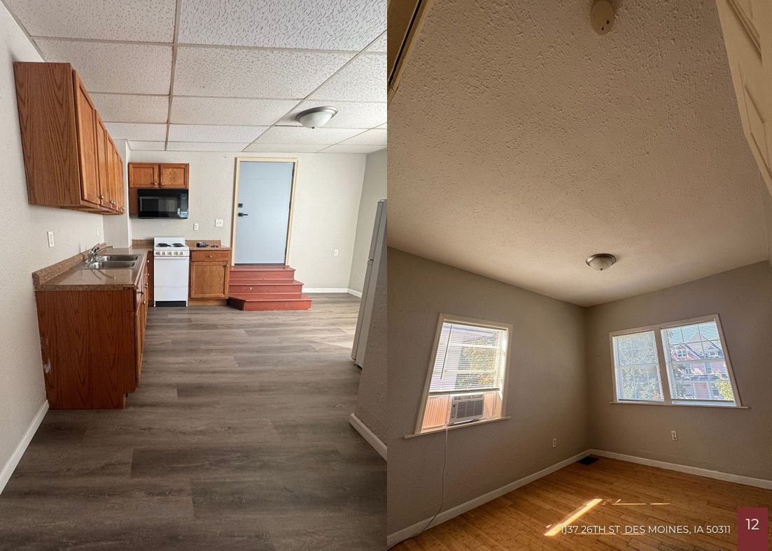 Side-by-side images: left shows a small kitchen with wood cabinets, stove, and microwave; right shows a bright empty room with two windows, tan walls, and wood floors. "1837 24th St. Des Moines, IA 50311" is written at the bottom.