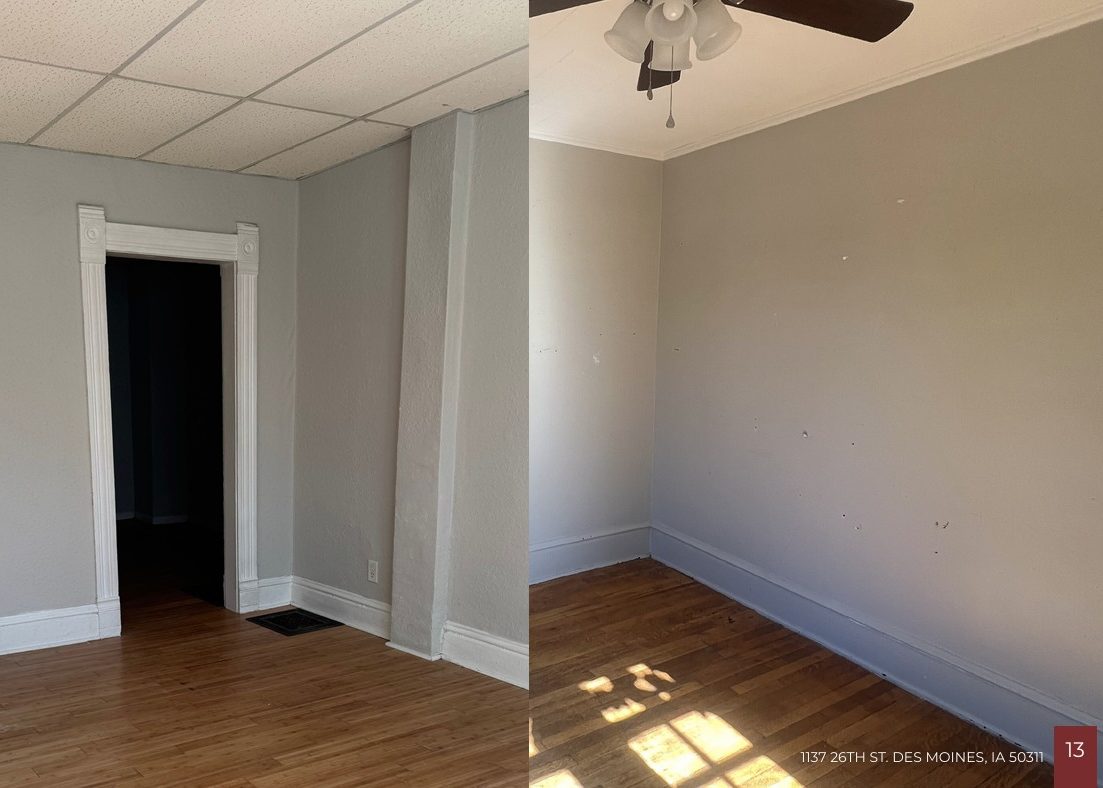 Side-by-side photos of an empty room with hardwood floors, light gray walls, a ceiling fan, and a doorway with white trim. Sunlight shines on the floor. Address text appears in the bottom right corner.