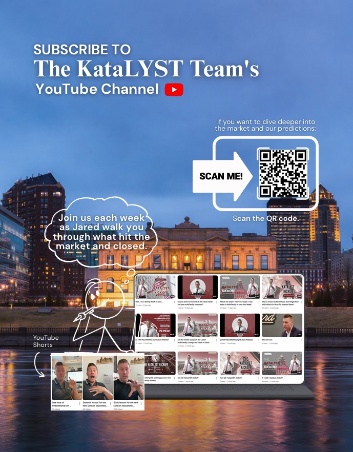 A promotional poster for The KataLYST Team's YouTube channel shows a cityscape at dusk, a QR code, and a laptop screen displaying video thumbnails. Text invites viewers to subscribe and watch market updates.