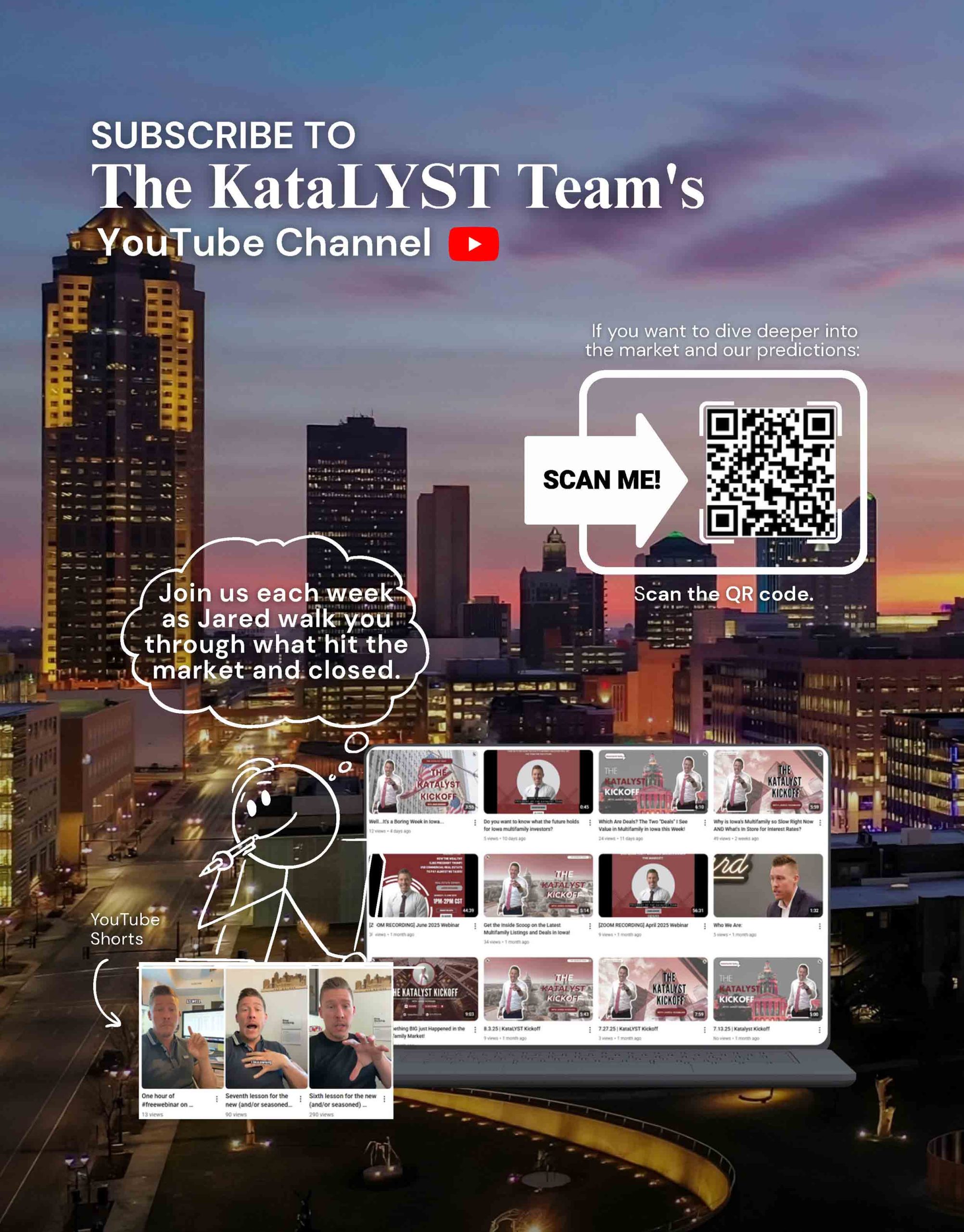 Promotional graphic for The KataLYST Team’s YouTube channel, featuring a QR code, a call to subscribe, and a preview of video thumbnails over a city skyline at sunset.