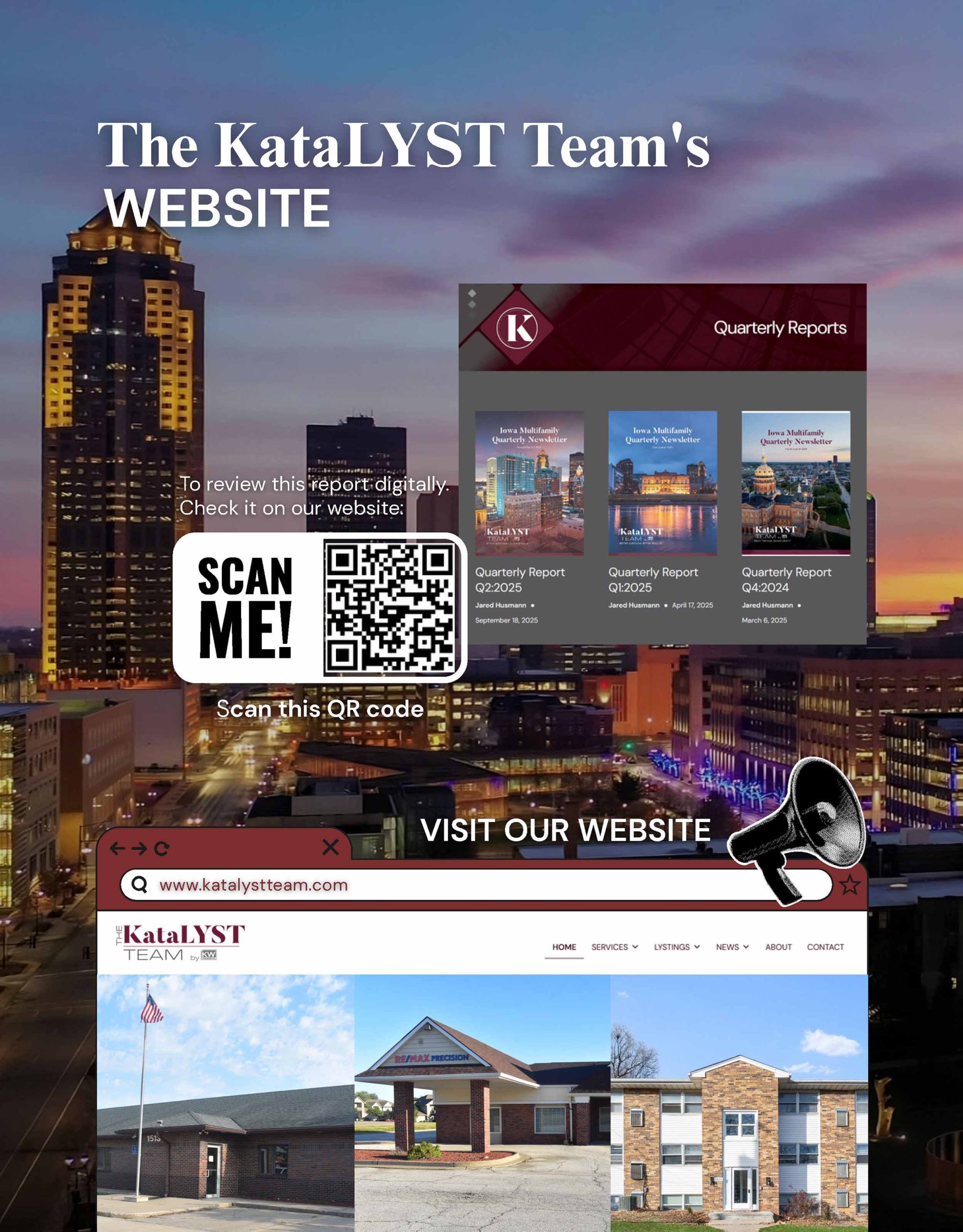 Promotional image for the Katalyst Team website, featuring a QR code, three Iowa Multifamily Quarterly Newsletter reports, and a screenshot of the company’s website homepage.